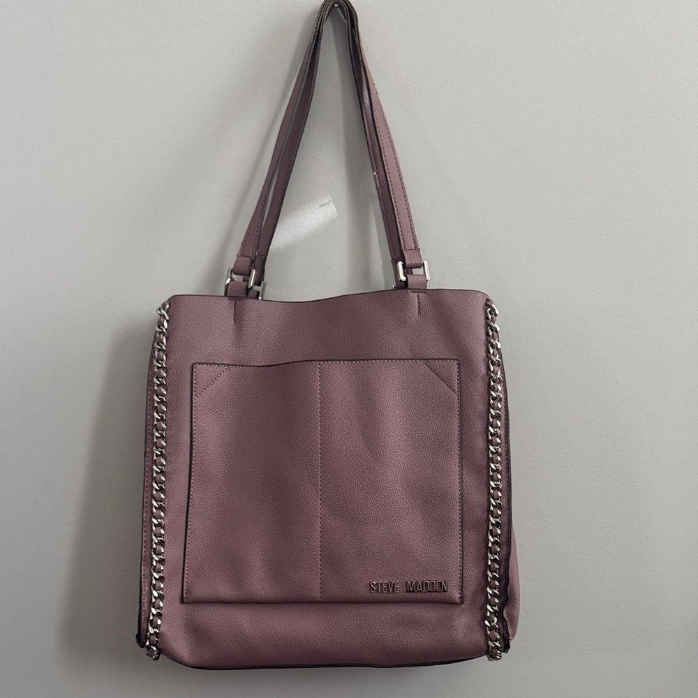 Steve Madden Mauve Pink Tote Bag Silver Chain Detail Large Shoulder Purse